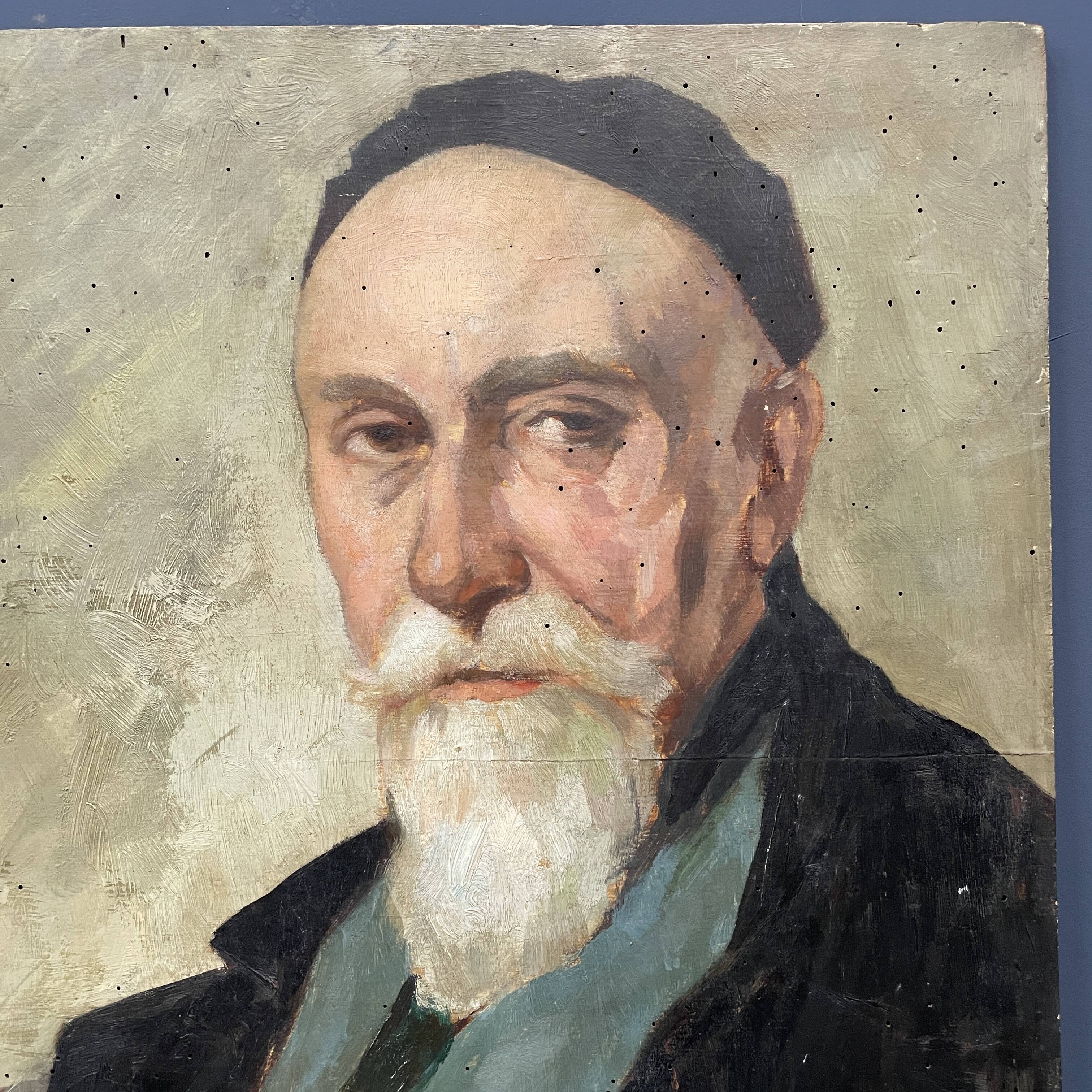 Old portrait of man painted on wooden panel