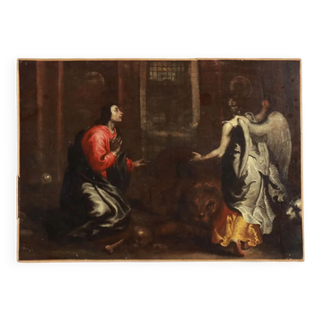 Painting of Daniel in the lion's den, oil on canvas, 17th century.