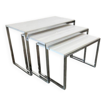 Set of 3 vintage nesting tables / chrome/marble side tables