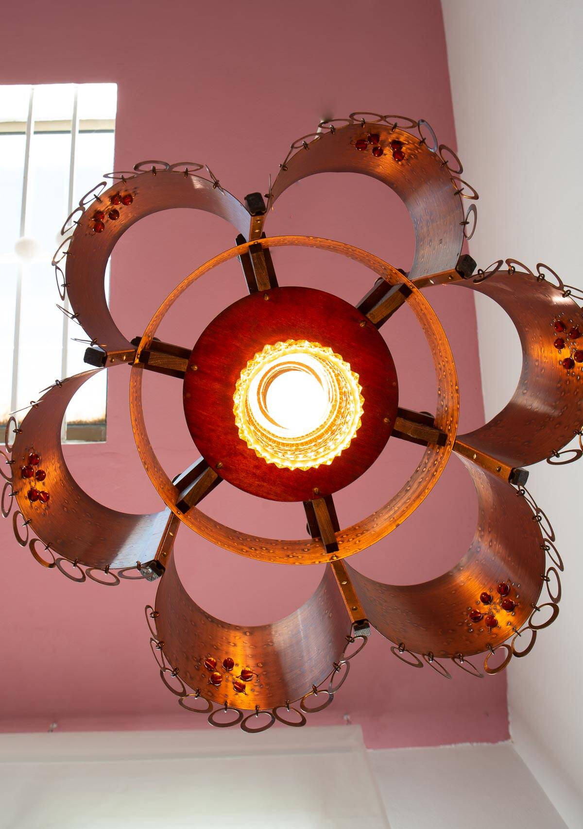 Large Scandinavian copper and wood pendant lamp circa 1970