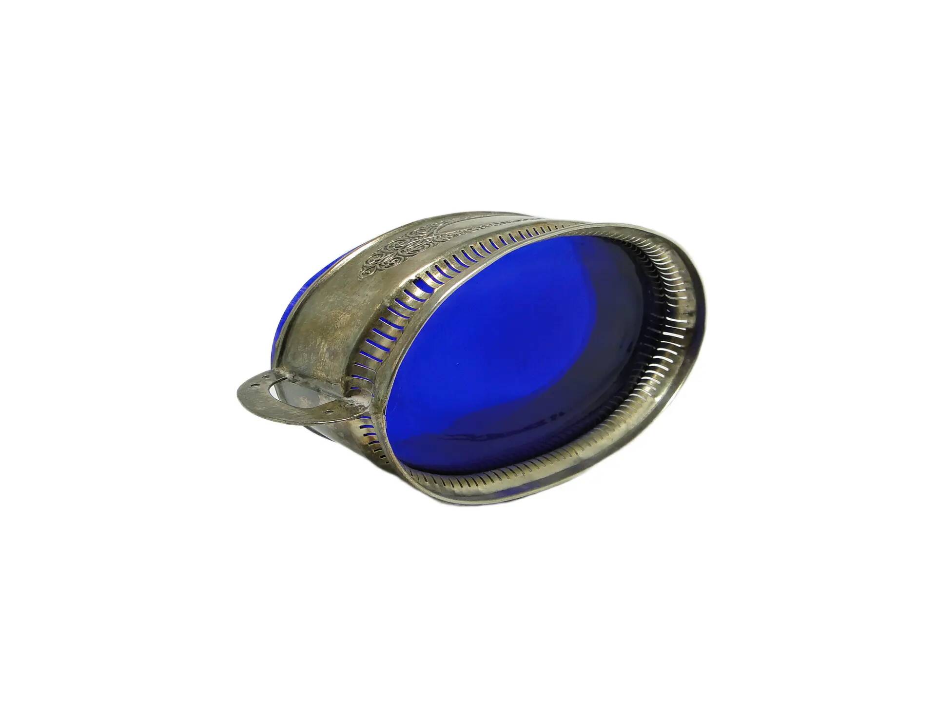 Art Nouveau jardiniere, silver-plated brass, cobalt glass, United Kingdom, 1960s.