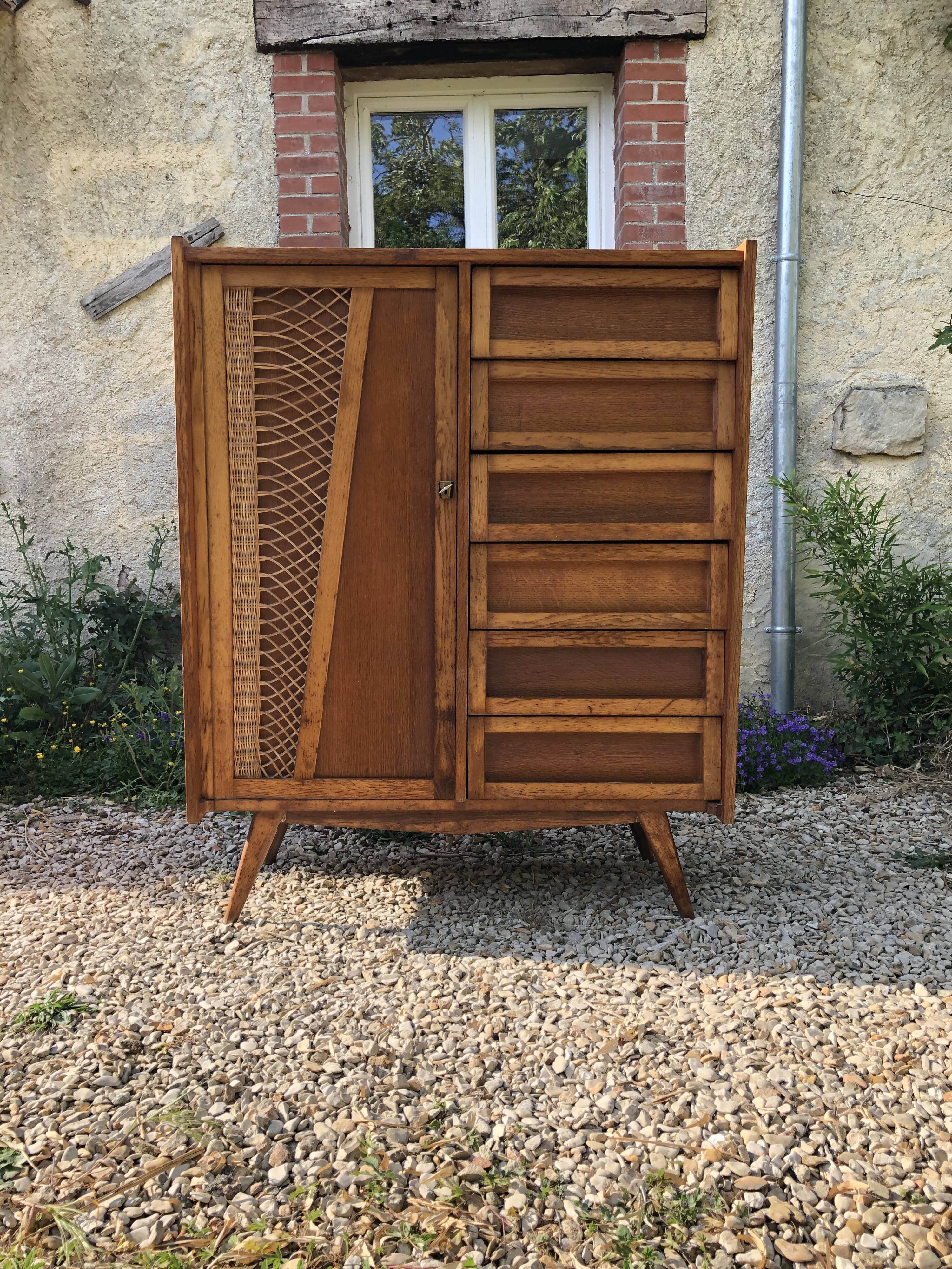Wooden and rattan chest of drawers