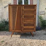 Wooden and rattan chest of drawers
