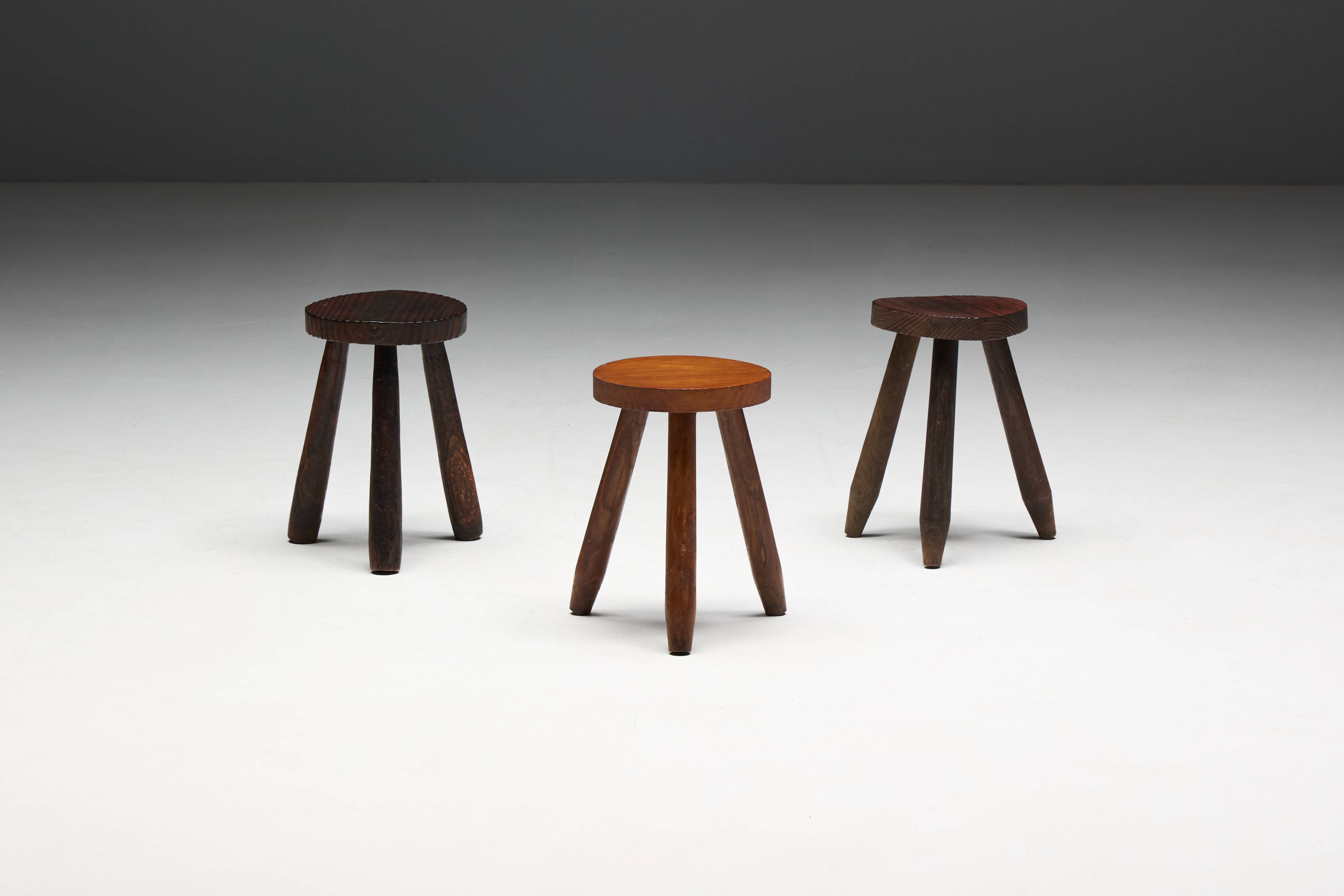 Brutalist Tripod Stools, France, 1960s