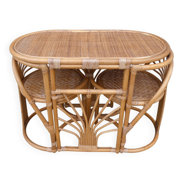Ensemble en rotin table et fauteuils design modulable vintage