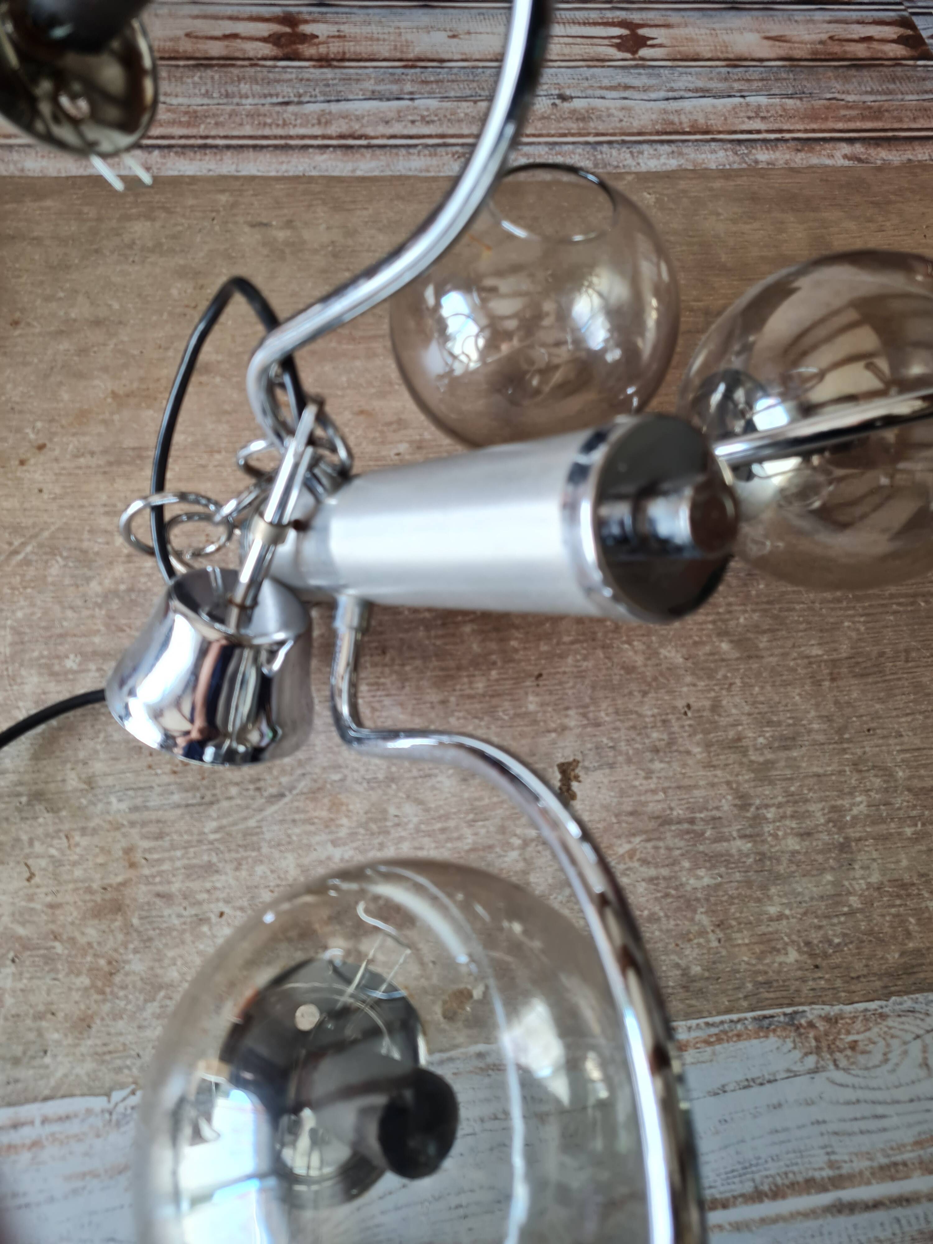 Chandelier with chrome metal frame from the 70s, 3 smoked globes