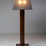 Amsterdam School floor lamp in partially ebonised cherry with a black linen shade.