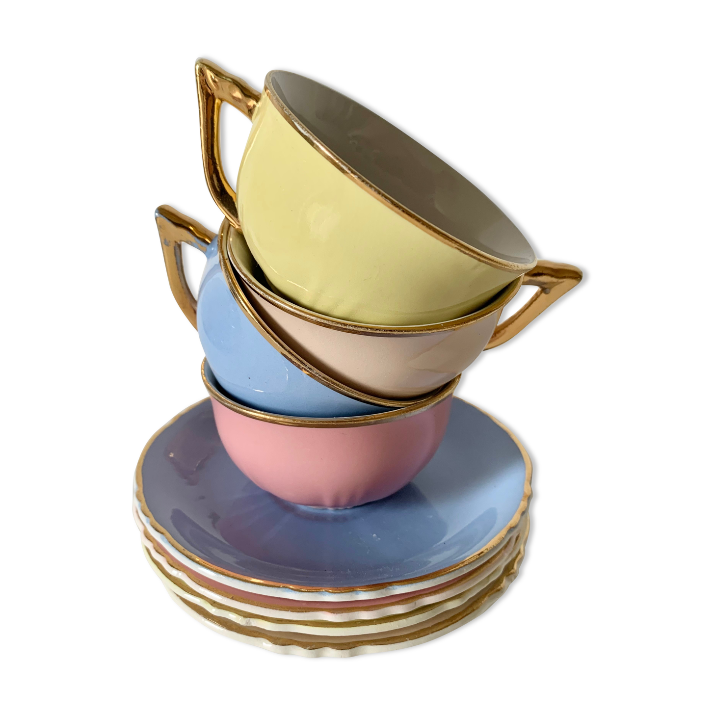 4 tasses à café en faïence couleurs pastel