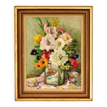 Huile sur toile suédoise du milieu du siècle "Vase avec motif de bateau" par Carl Figge