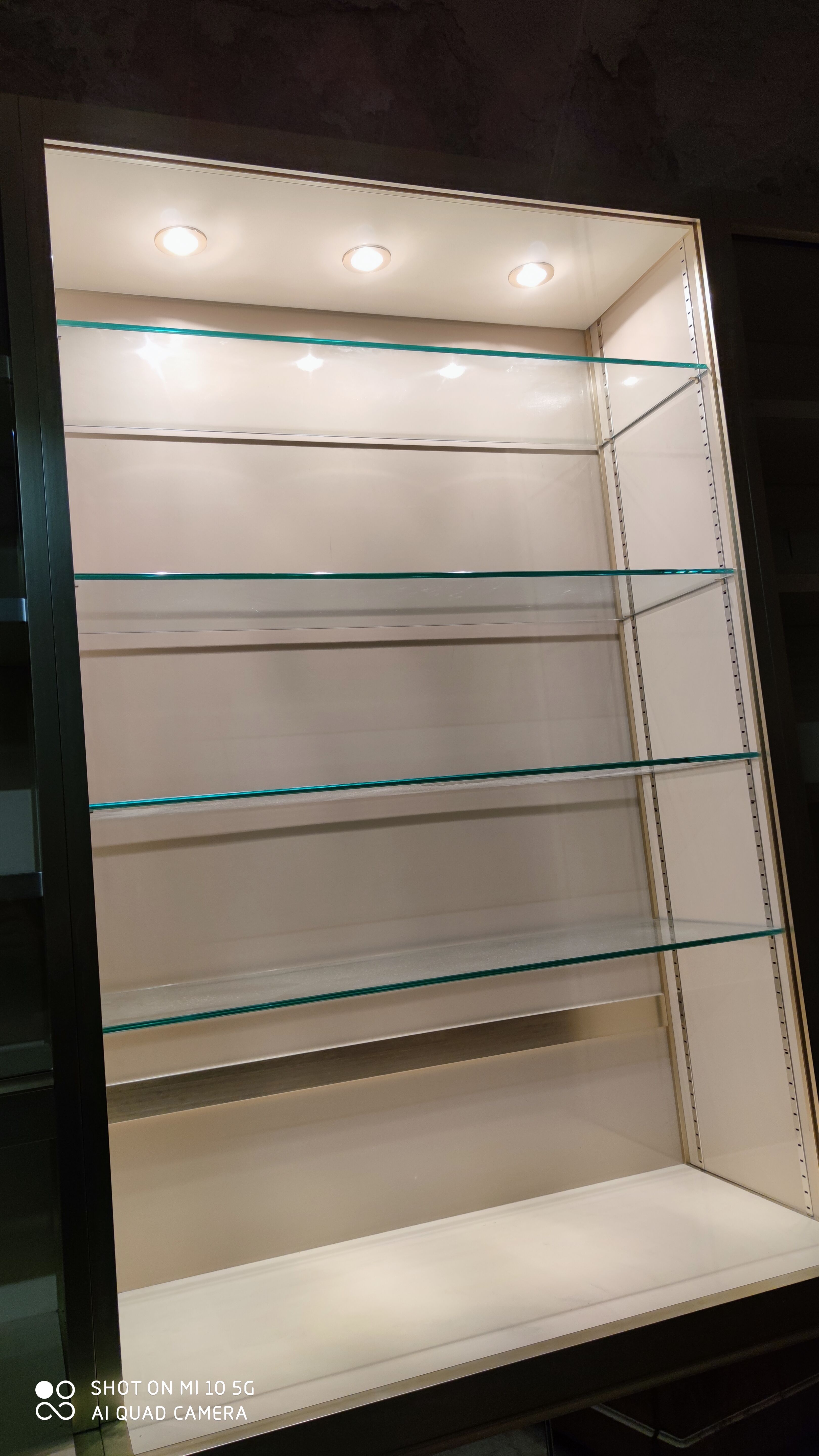 Ivory-colored and matte gold anodized aluminum display bookcase