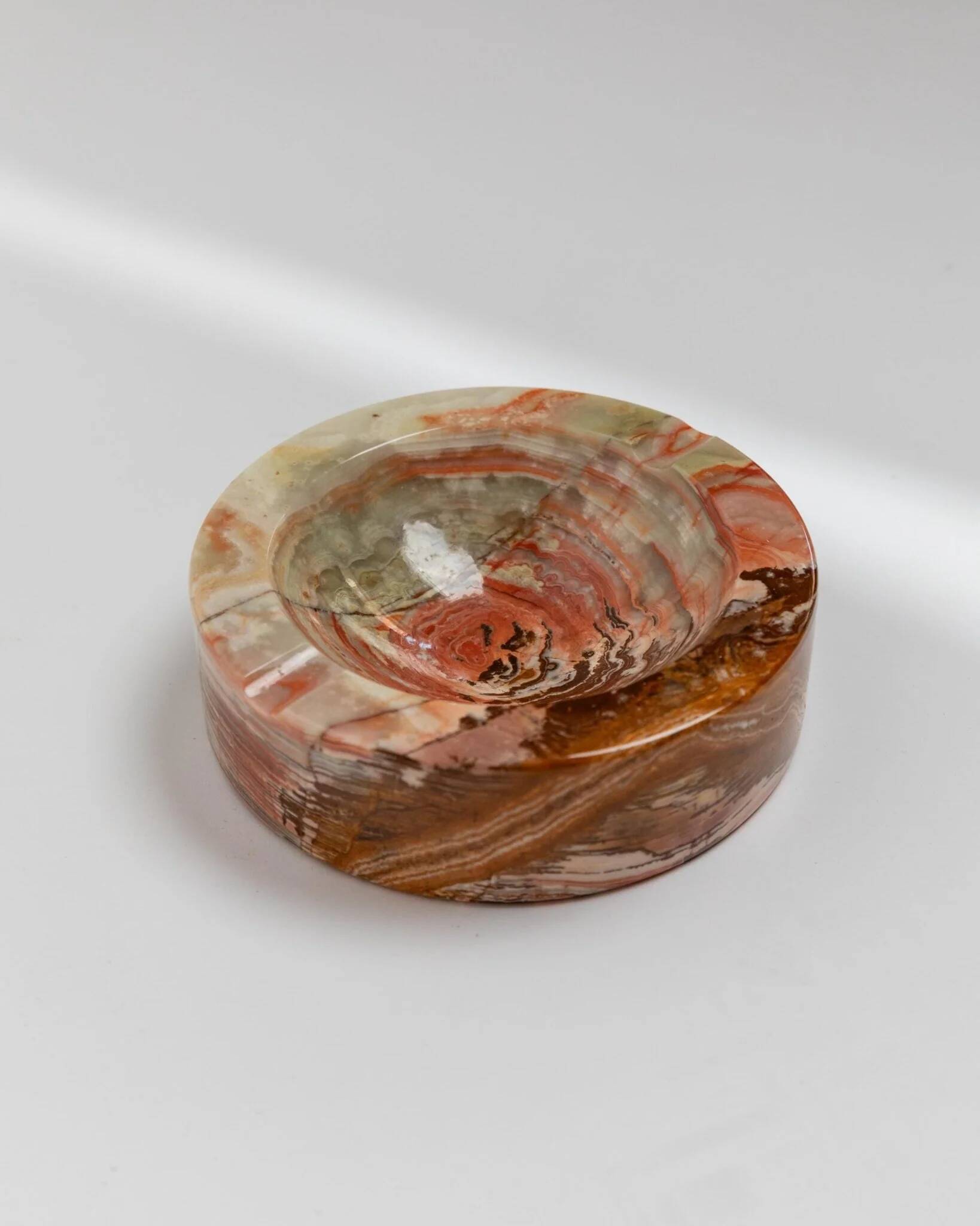 Vintage Onyx Stone Ashtray, solid green-beige-brown marbled, Italian design, 1970s retro decor