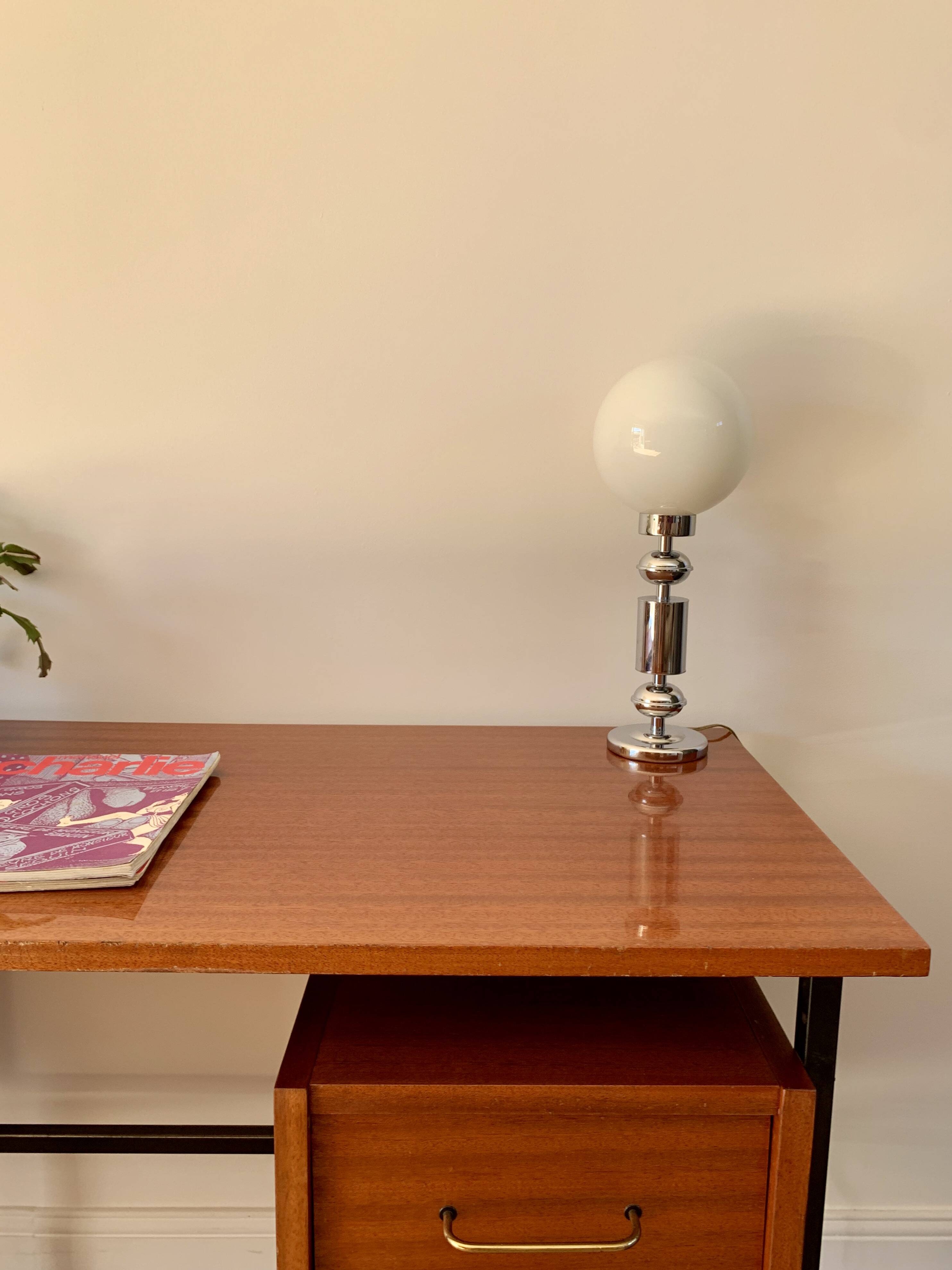 lacquered wood desk and black steel legs design from the 60s and 70s