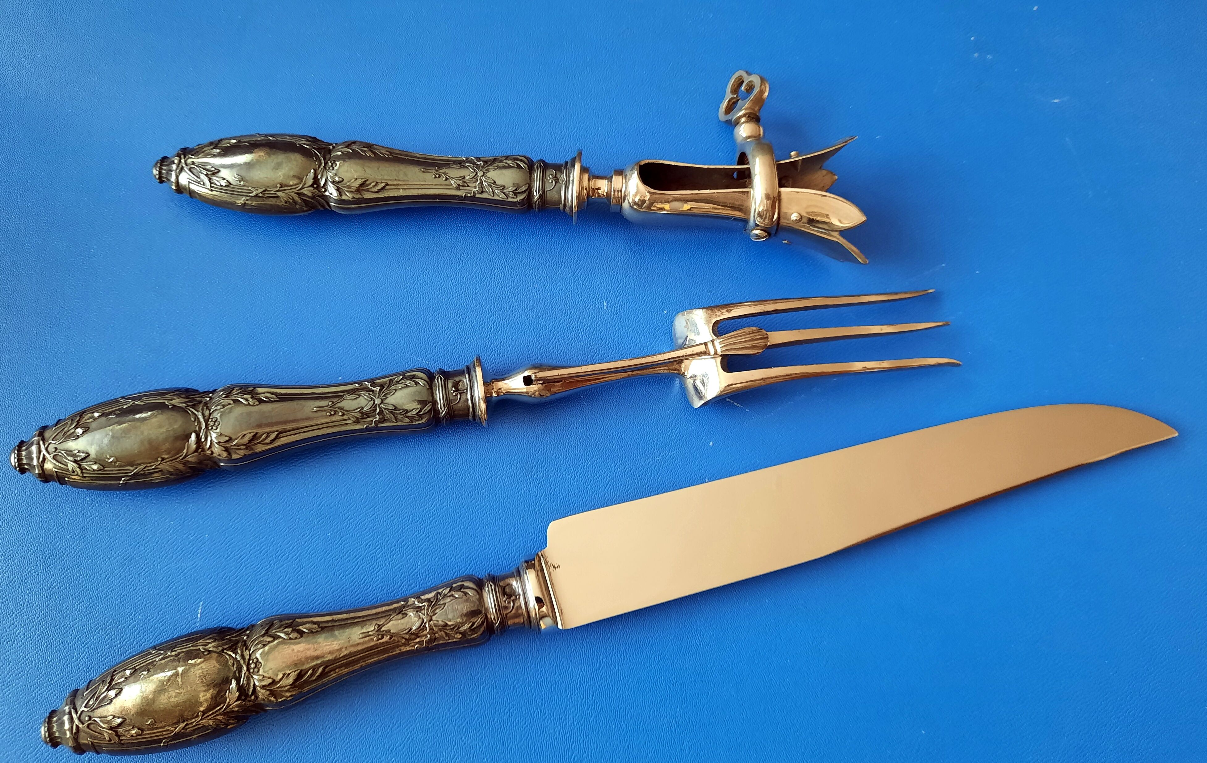 Napoleon III leg of lamb service, silver handle, stainless steel blade