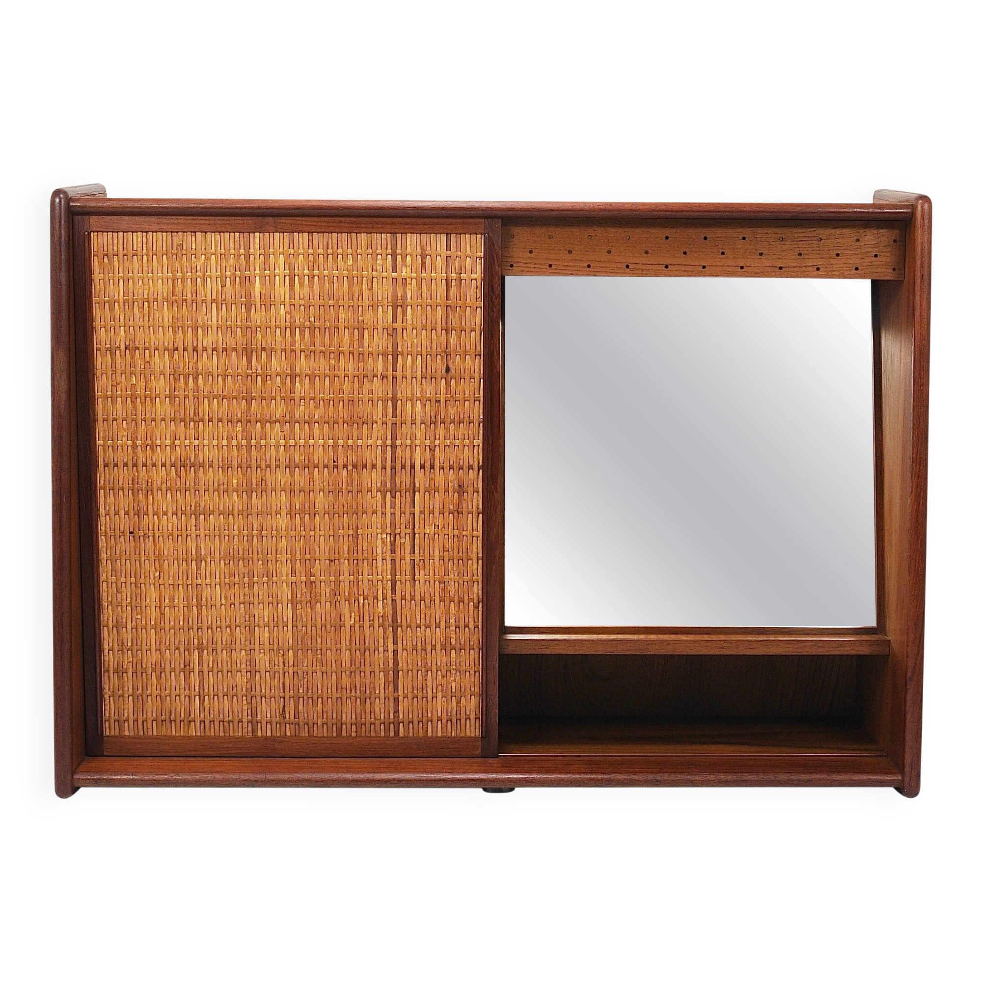 Arne Wahl Iversen Wall Mirror & Shelf Cabinet, Teak & Cane for Brenderup Denmark