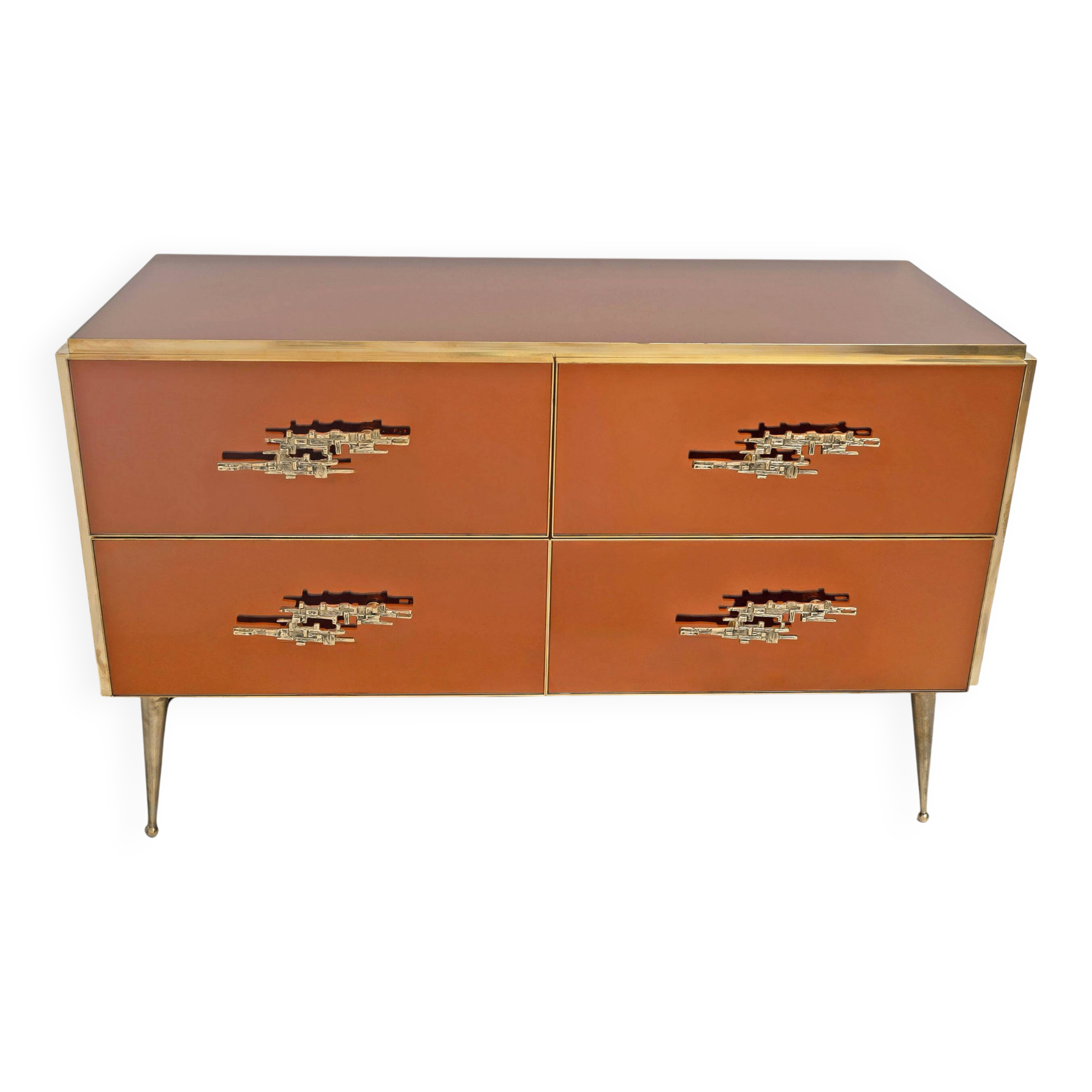 Commode en verre ambré avec détails en laiton, style mid-century modern