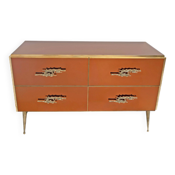 Commode en verre ambré avec détails en laiton, style mid-century modern