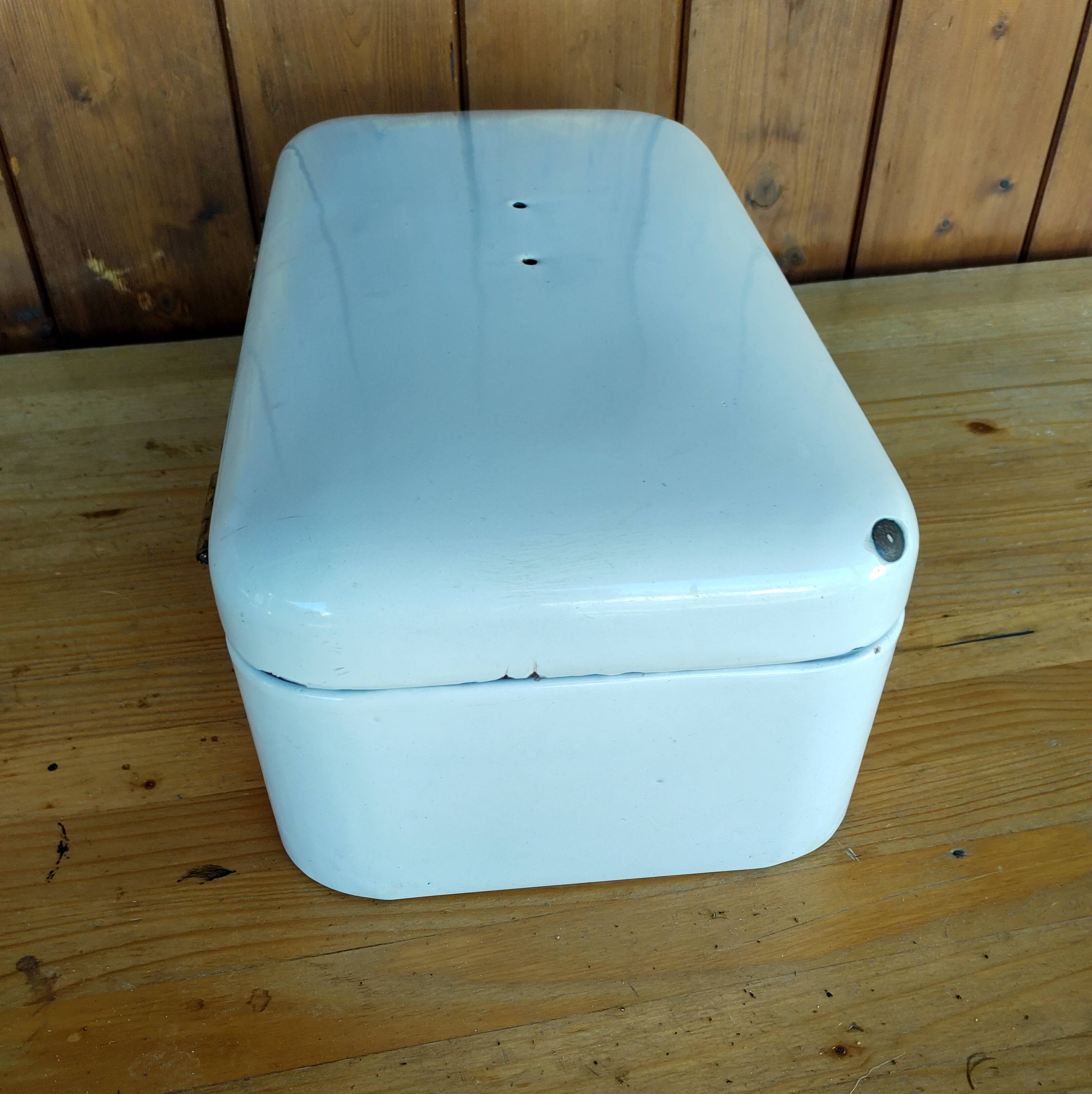 Vintage bread box - white enamel and brass - retro