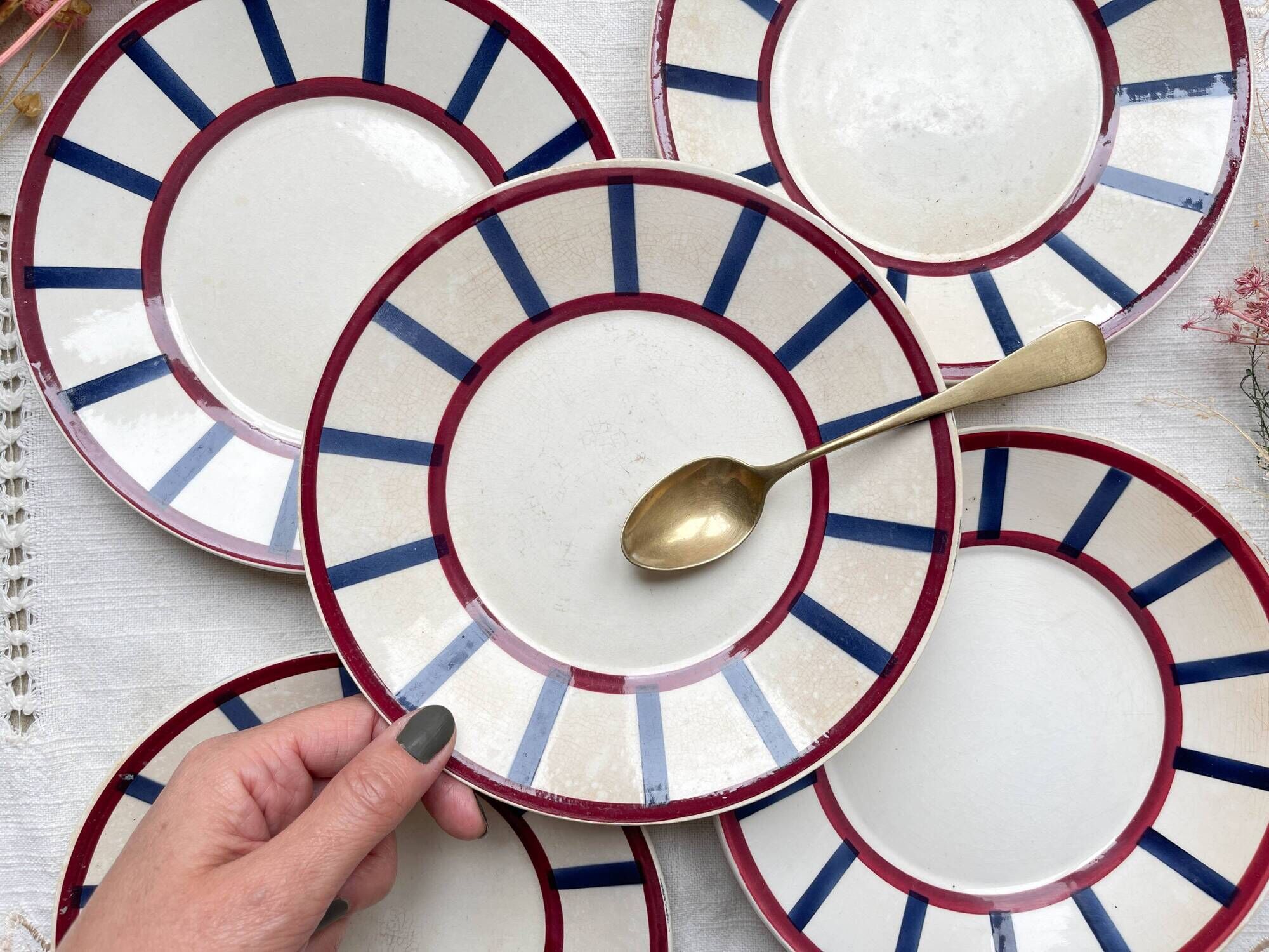 5 Small Vintage French Plates Terre de Fer HBCM Béarn blue and red stripes