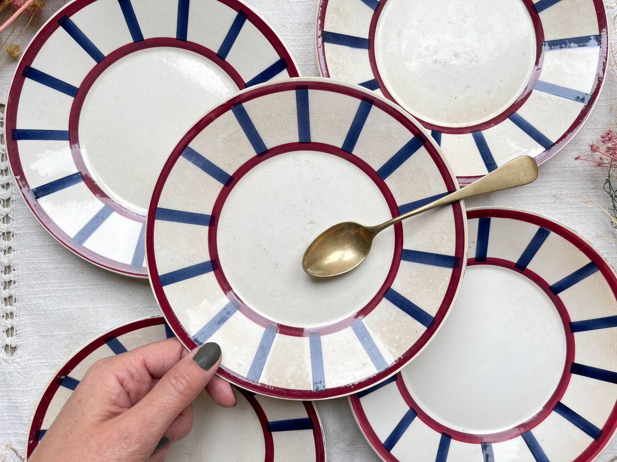 5 Small Vintage French Plates Terre de Fer HBCM Béarn blue and red stripes