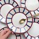 5 Small Vintage French Plates Terre de Fer HBCM Béarn blue and red stripes