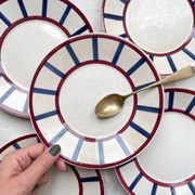 5 Small Vintage French Plates Terre de Fer HBCM Béarn blue and red stripes
