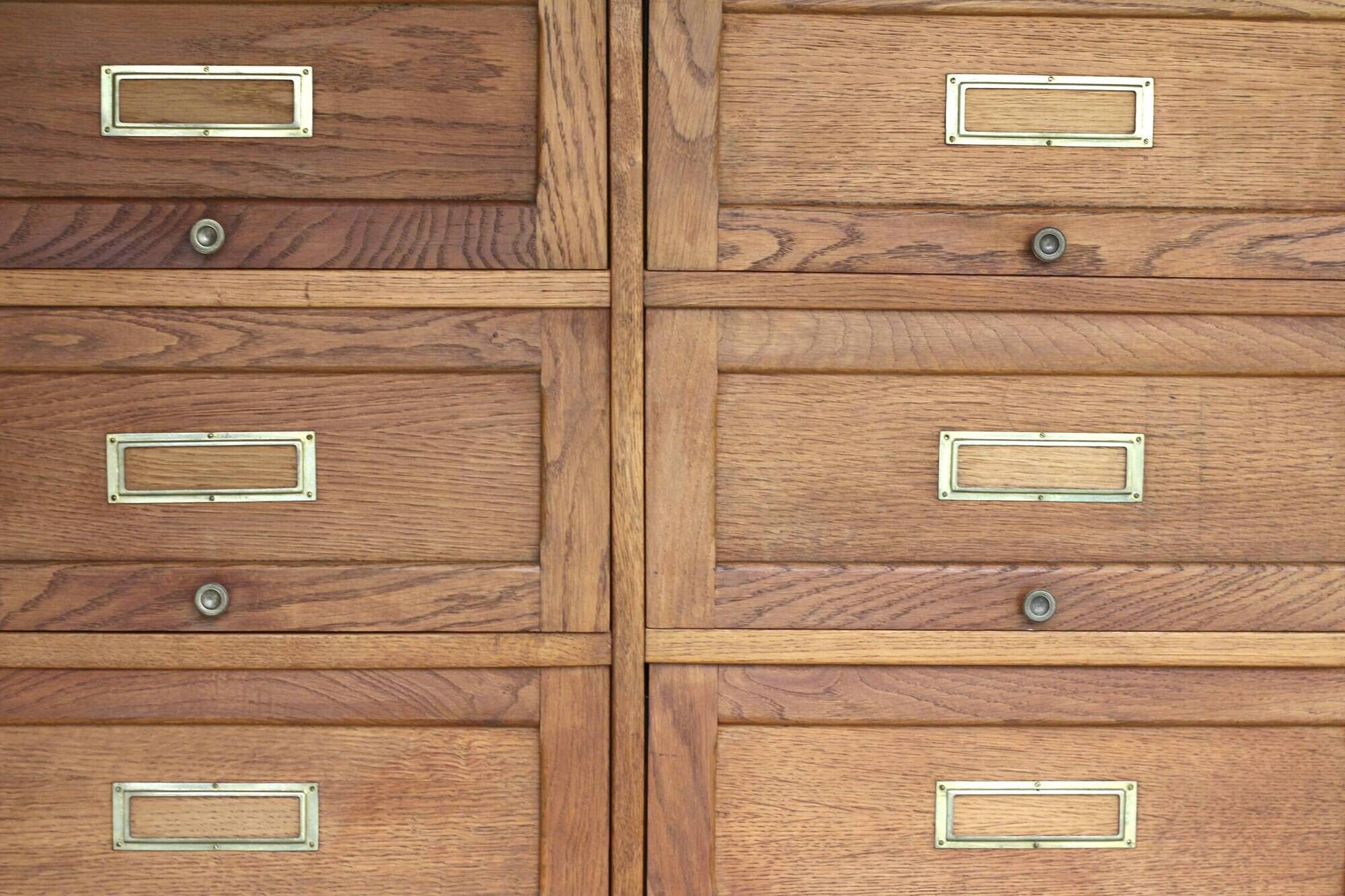 Oak flap cabinet (1930s/40s). Comes from a school.