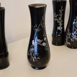 5 Vietnam vases black lacquered wood and mother-of-pearl inlays
