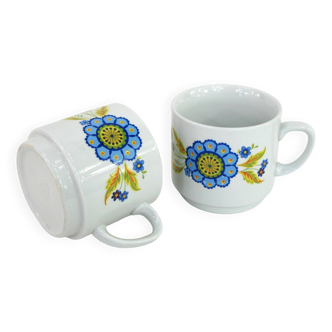 2 grandes tasses en céramique - décor floral bleu - Monopoli made in Italy - vintage années 70