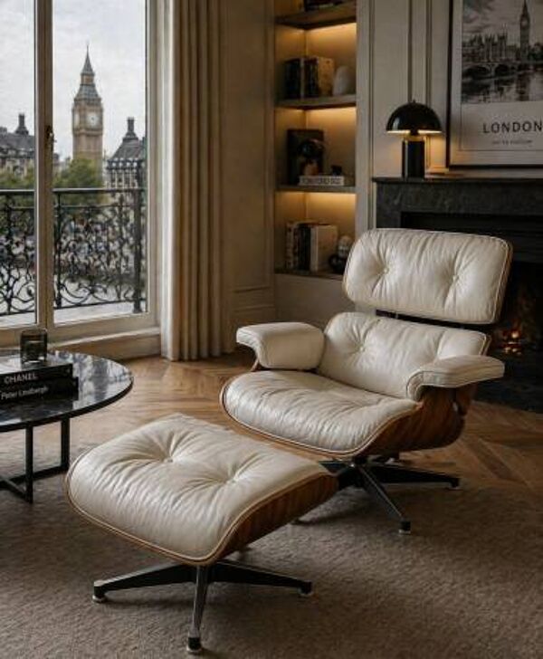 Charles et Ray Eames & Mobilier International - Lounge Chair et son Ottoman, cuir blanc