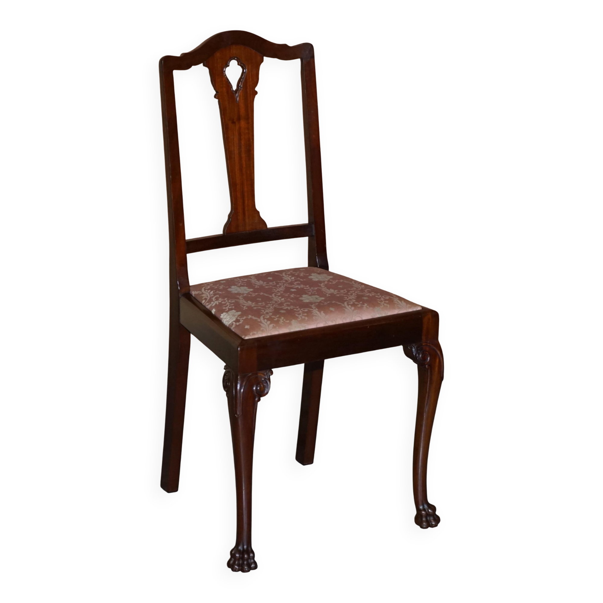 Paire de chaises anglaises anciennes en bois dur avec pieds sculptés en patte de lion