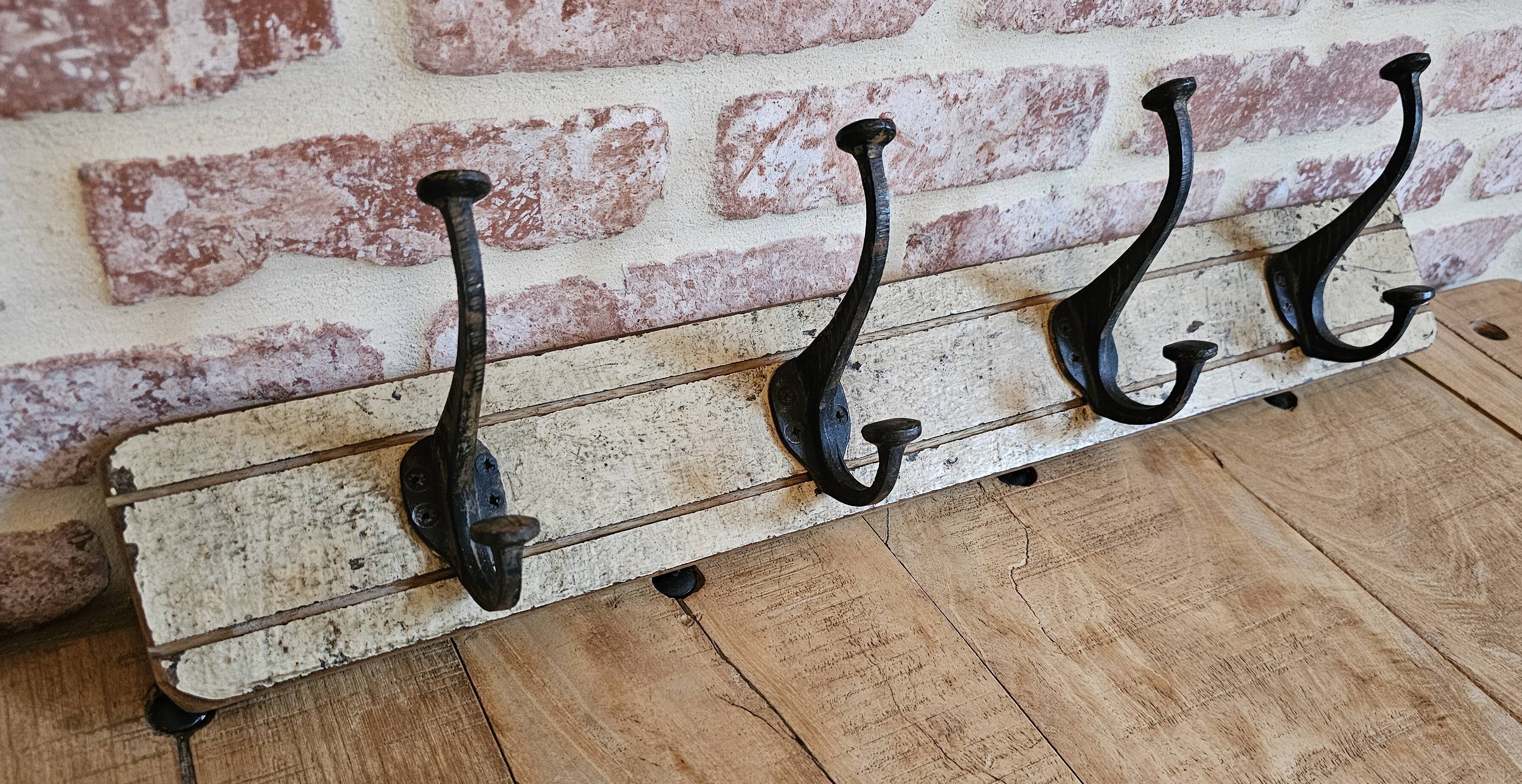 Solid teak coat hook with 4 double cast iron hooks