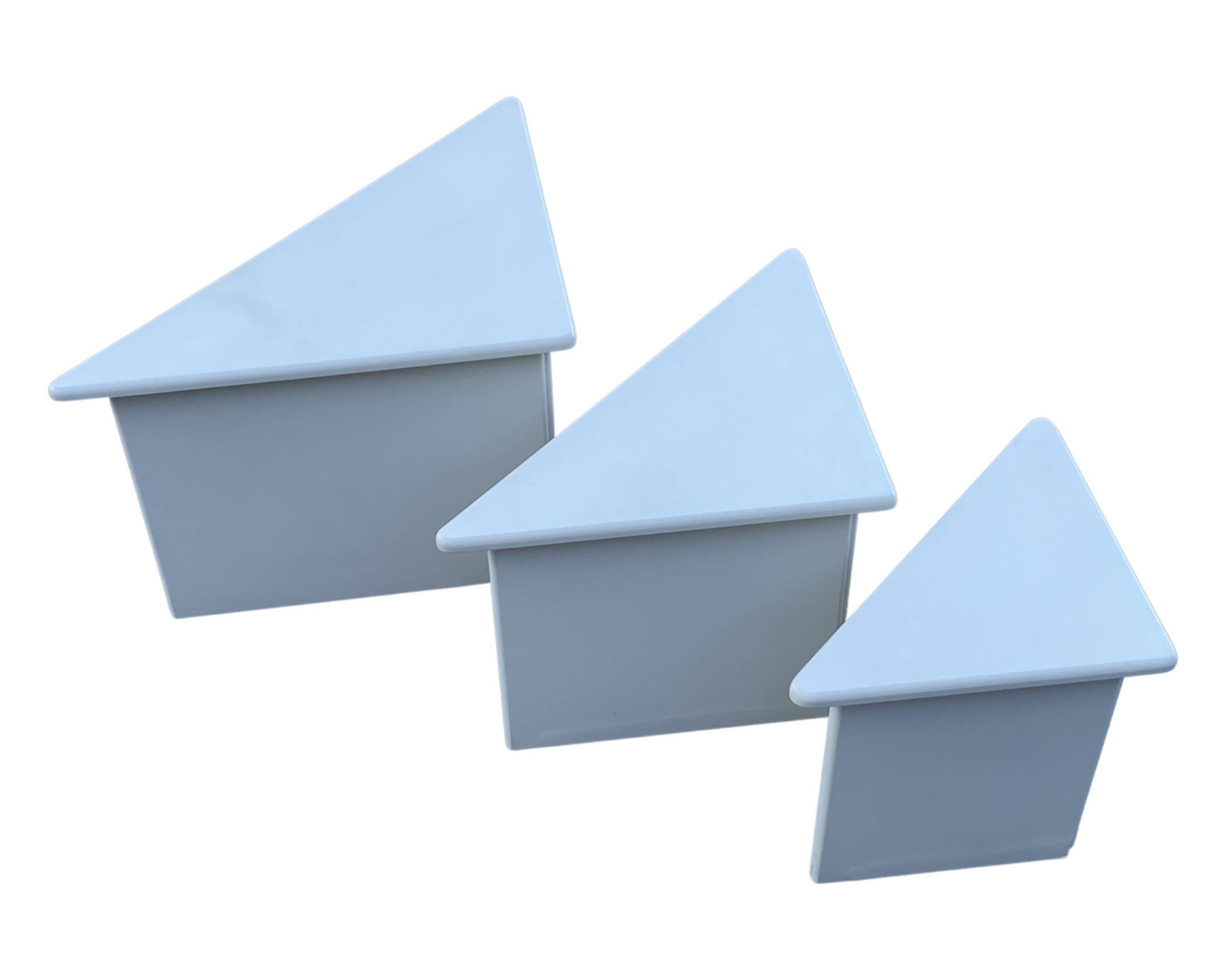 Set of three triangle side tables wood white creme design