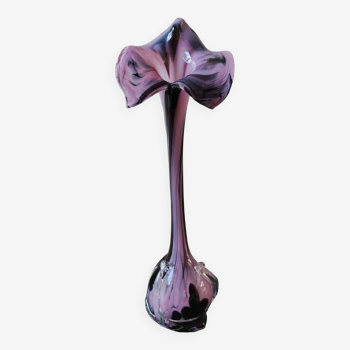 Elegant Large vase, Murano/Italy. Floral/Calla shape collar. Decorated with scrolls/lilac/plum waves. High 43 cm