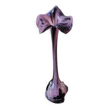 Elegant Large vase, Murano/Italy. Floral/Calla shape collar. Decorated with scrolls/lilac/plum waves. High 43 cm