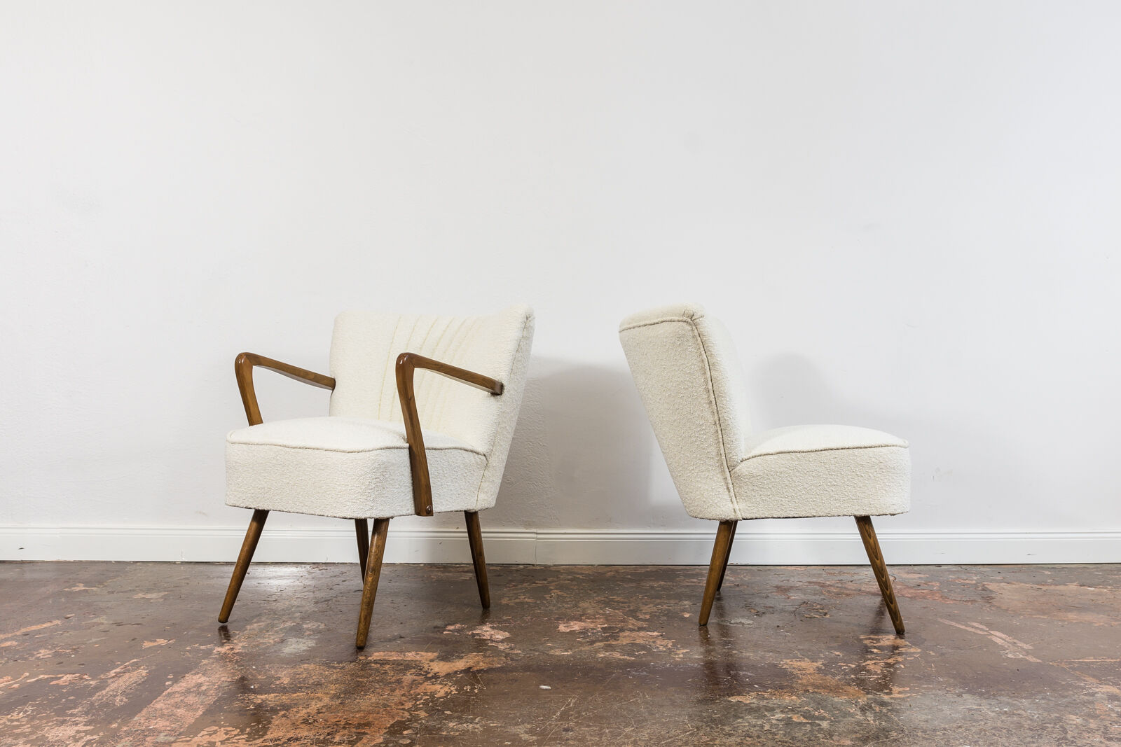 Pair of white cream boucle cocktail chairs, 1950s
