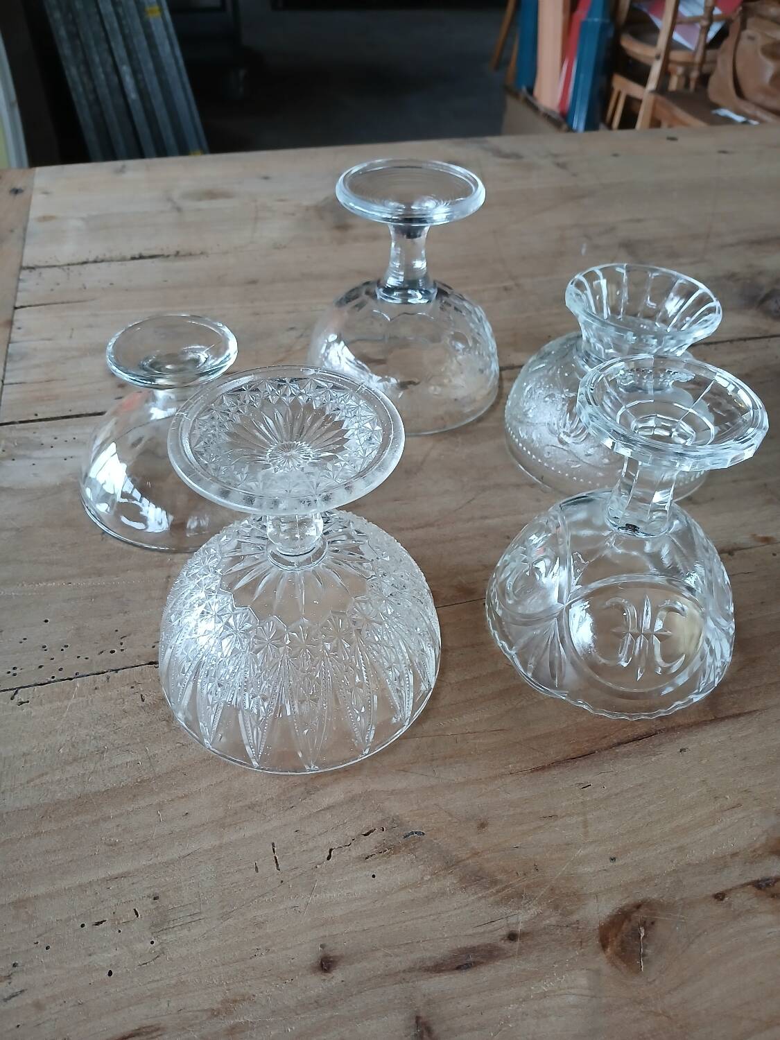 5 antique clear glass cups