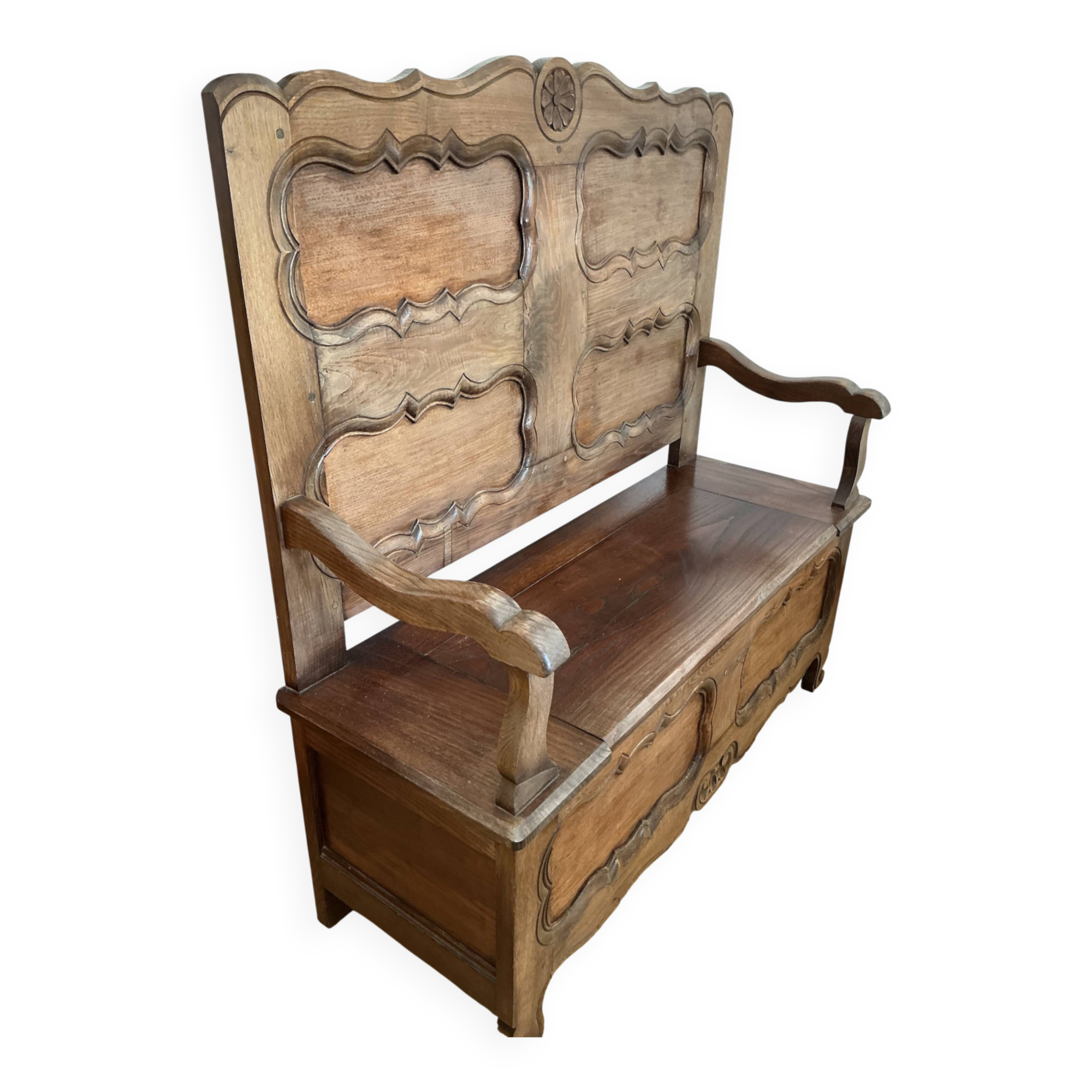 Bench / antique oak chest, closed Breton bed panels - North Finistère