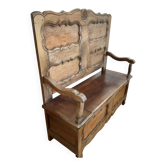 Bench / antique oak chest, closed Breton bed panels - North Finistère