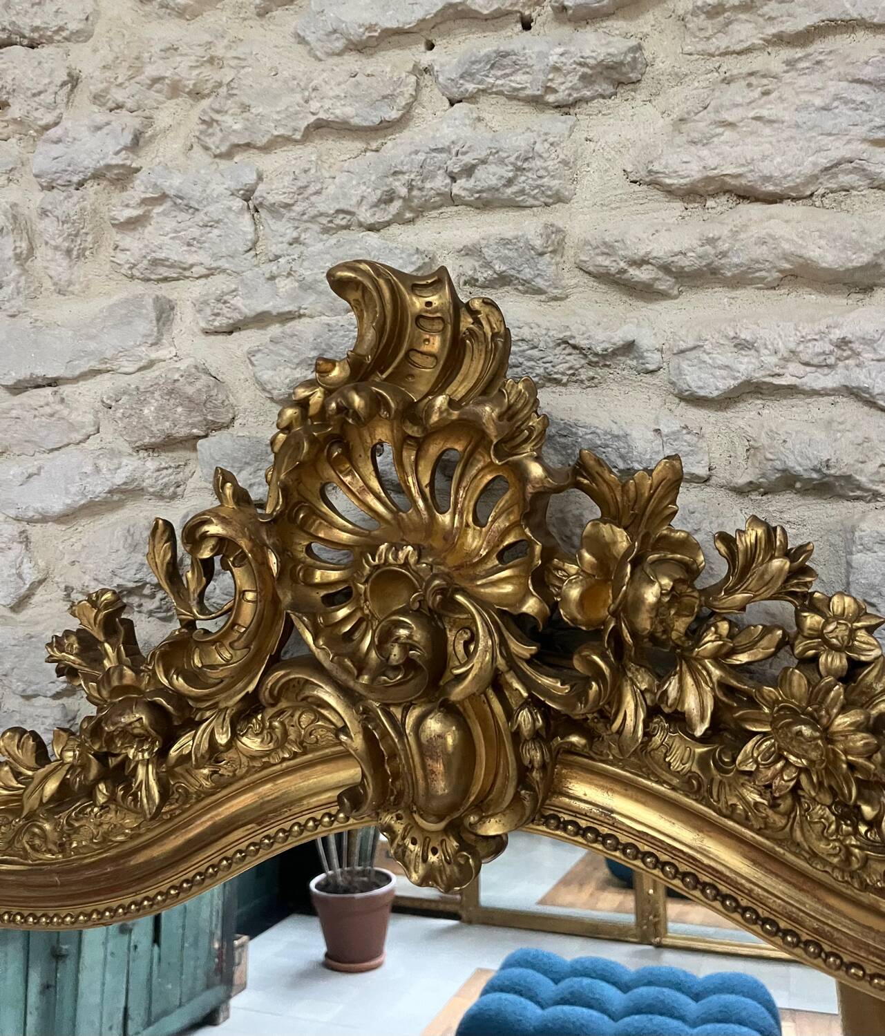 Antique mirror 183.5/116cm with pediments and pearl detailing in gold leaf.
