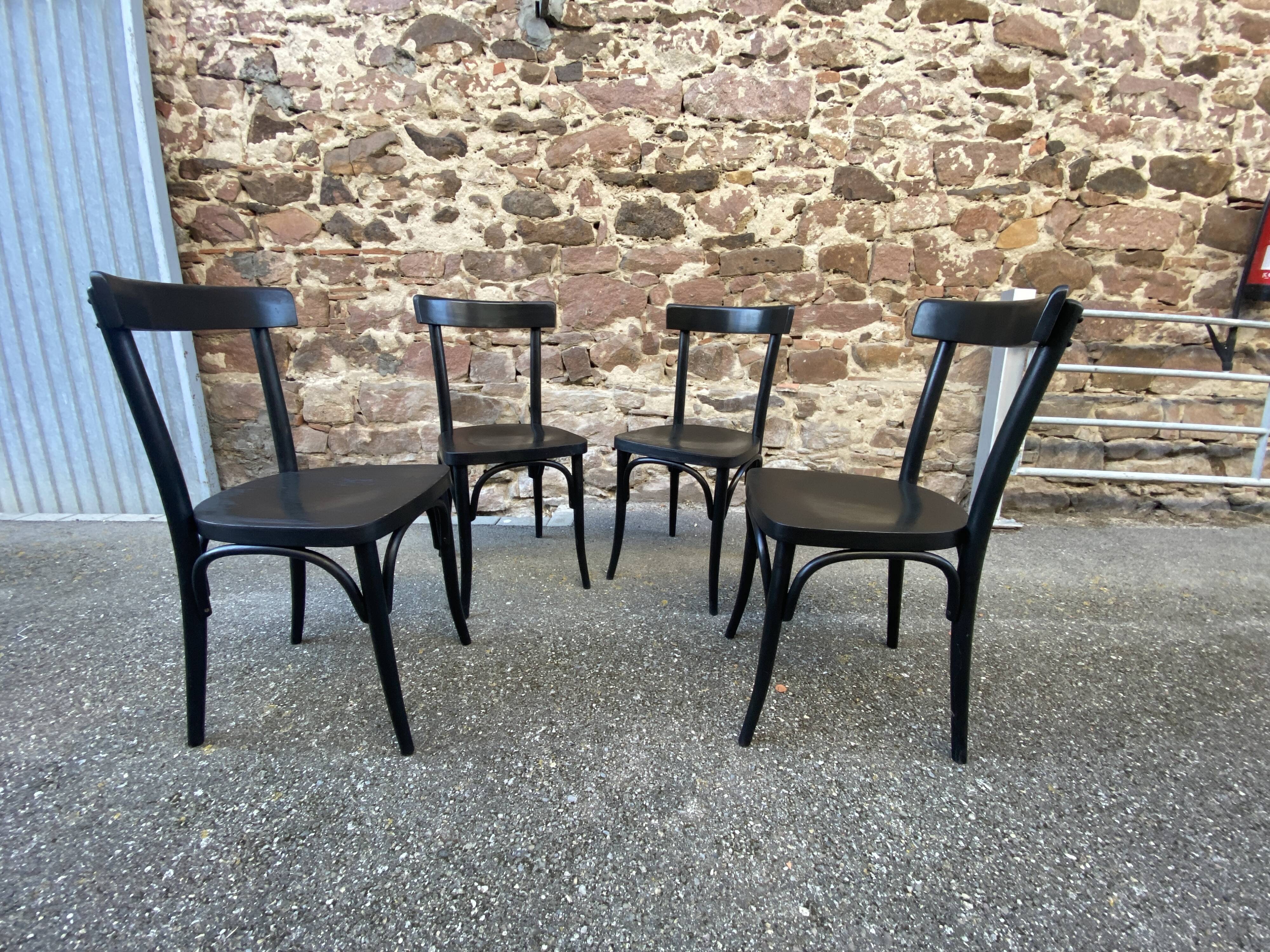 4 French chairs, Café brasserie model, curved wood from the 1970s