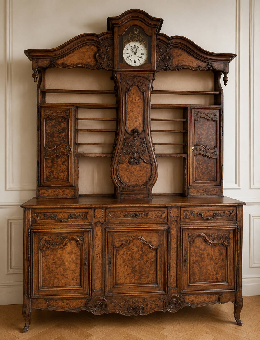 Eighteenth-century Bressan two-body buffet with antique clock – Louis XV style