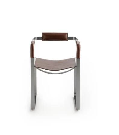 Armchair, old silver steel and dark brown leather, contemporary style.