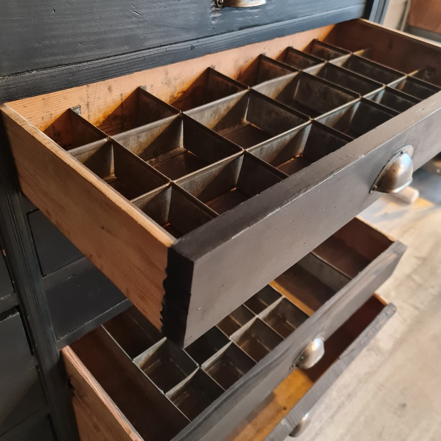 Industrial furniture loom shelf with drawers black patina