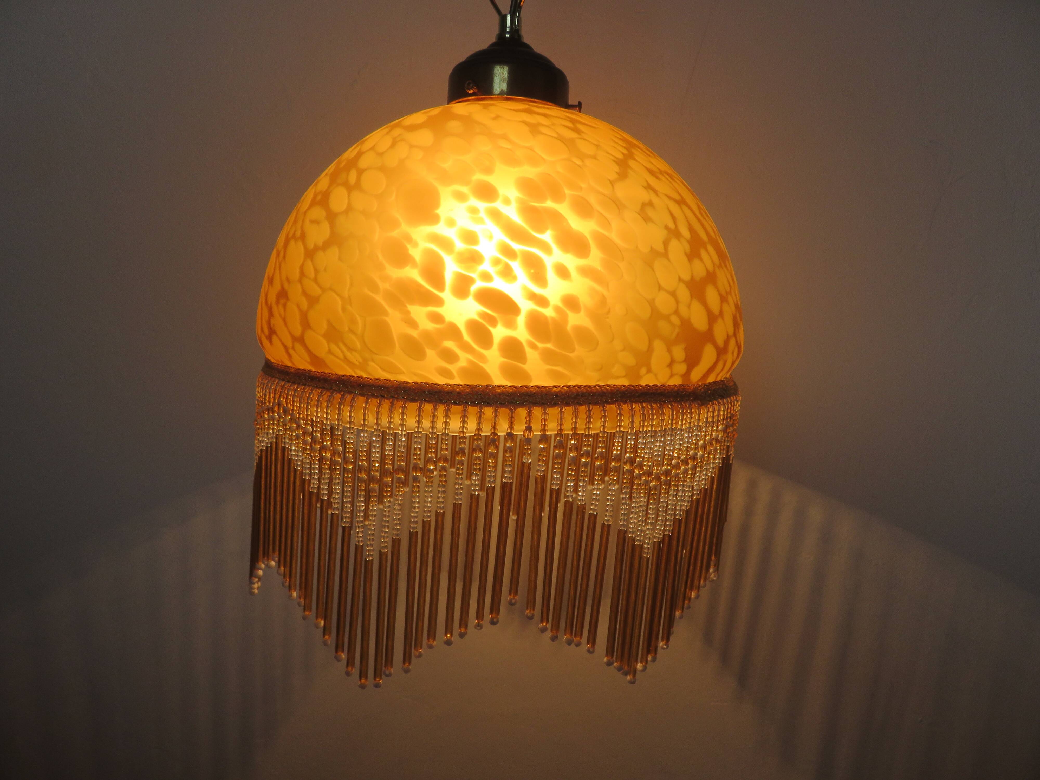 Victorian pendant light in marbled glass, beaded fringes and brass