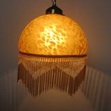 Victorian pendant light in marbled glass, beaded fringes and brass