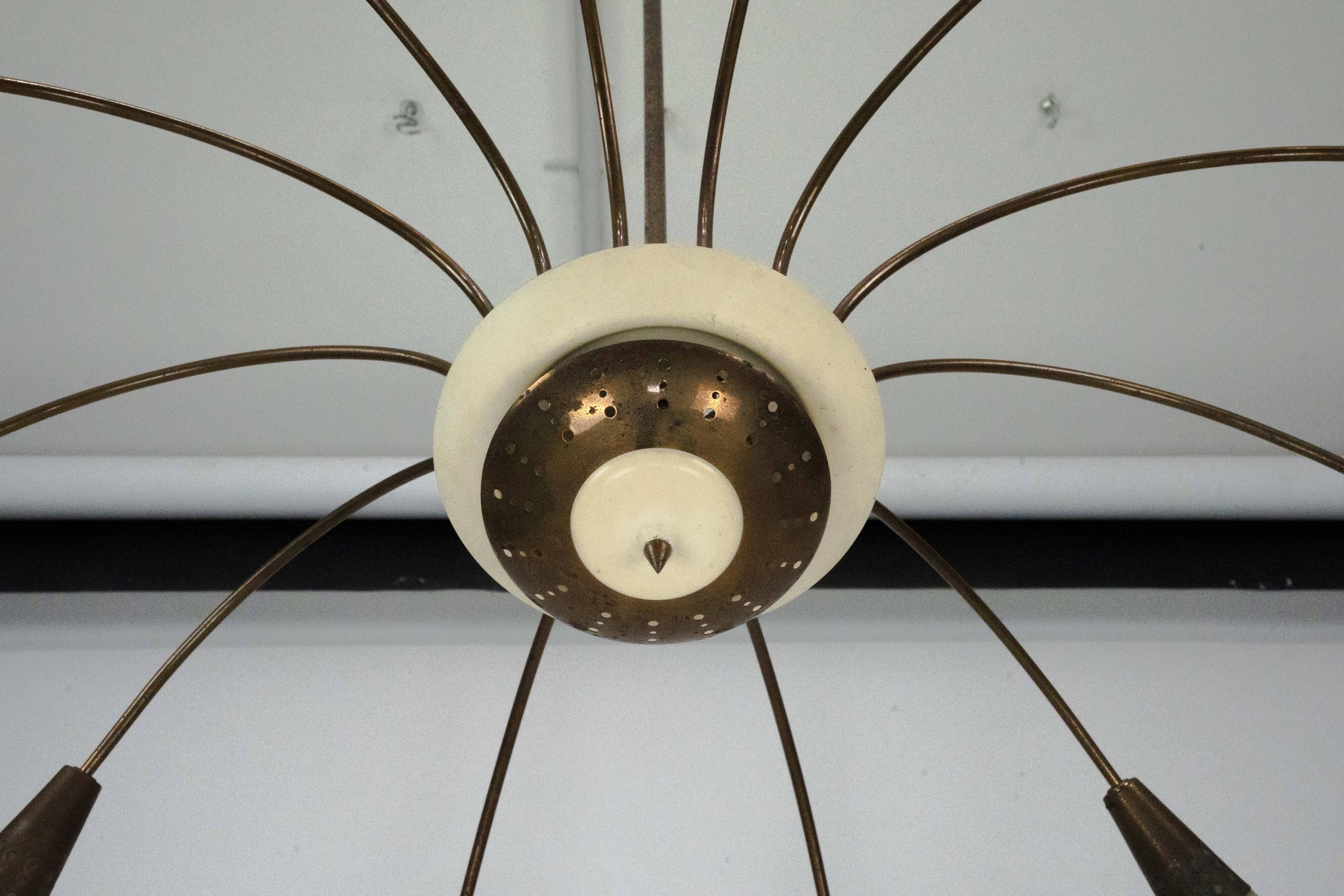 Large Italian Mid-Century Sputnik Brass Chandelier with Satin Glass, 1950s