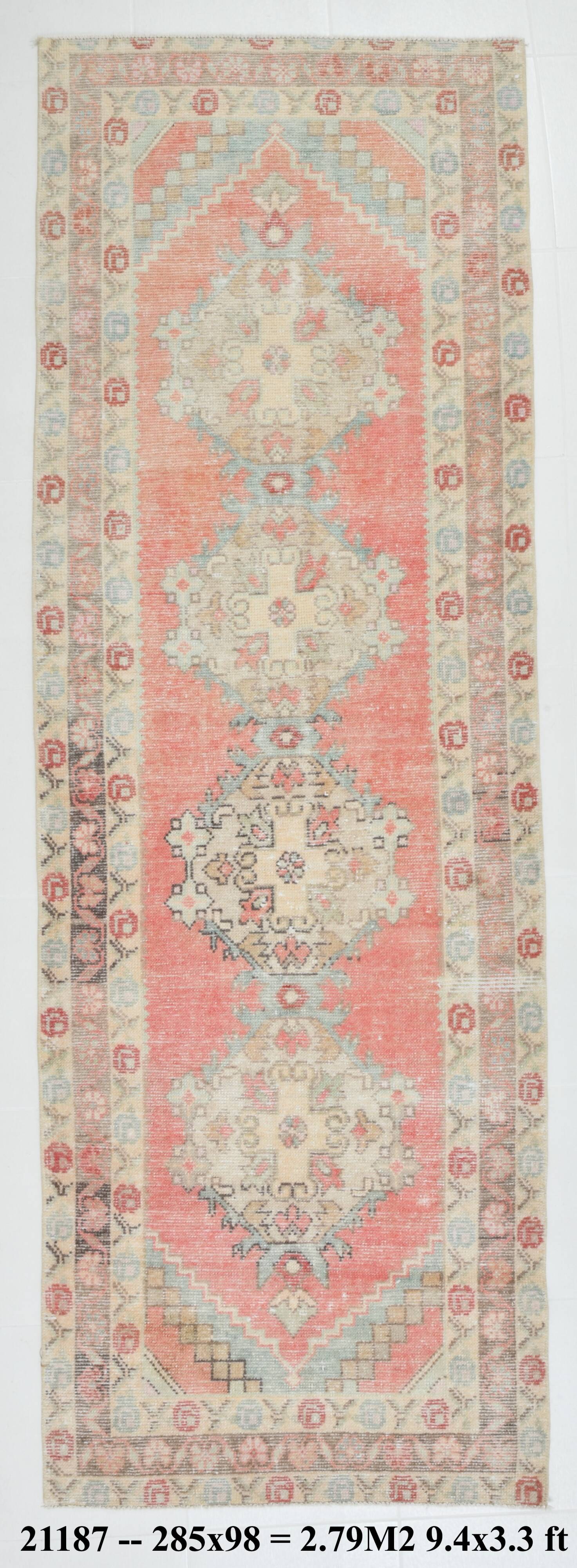 3x9 Red & Beige Vintage Persian Runner Rug, 98x285Cm SK 21187