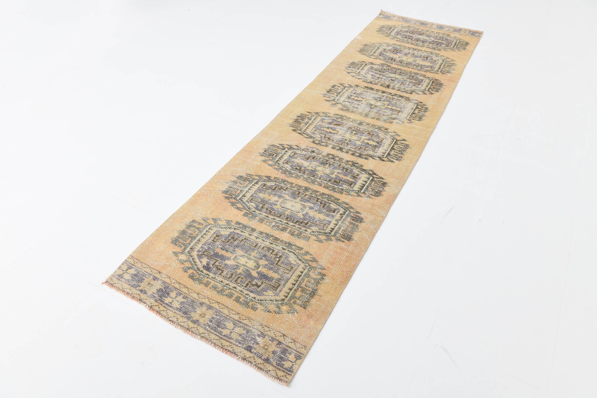 Faded Mustard Geometric Pattern Vintage Persian Runner Rug, 85x306 Cm