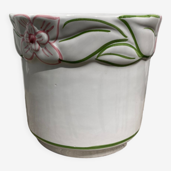 Cache pot en céramique blanc à décor de feuillage et fleurs barbotine vintage des années 80