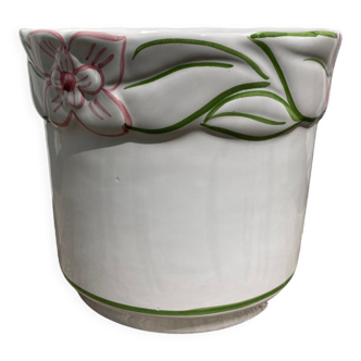 Cache pot en céramique blanc à décor de feuillage et fleurs barbotine vintage des années 80